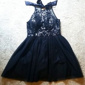 Navy Homecoming halterdress with sequined bodice